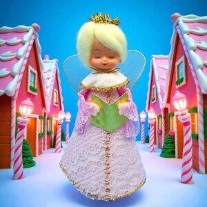 Vintage Pink Lace Angel Tree Topper Gold Halo Tulle Wings Foil Hymn Book 1960s